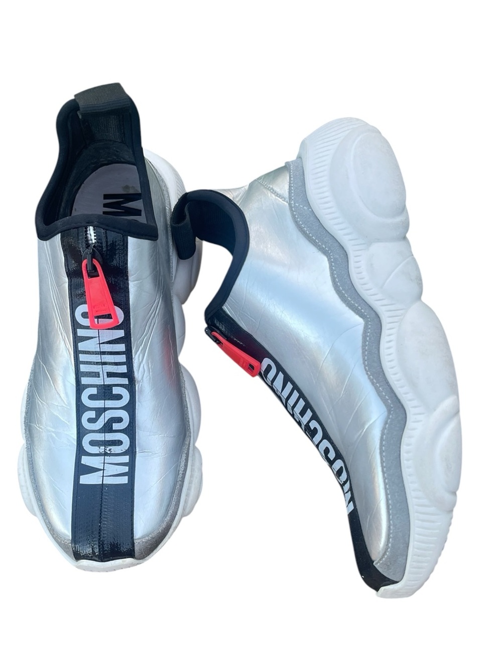 Moschino Teddy Zip High-Top Sneakers - Metallic Silver - Size 38 (EU)